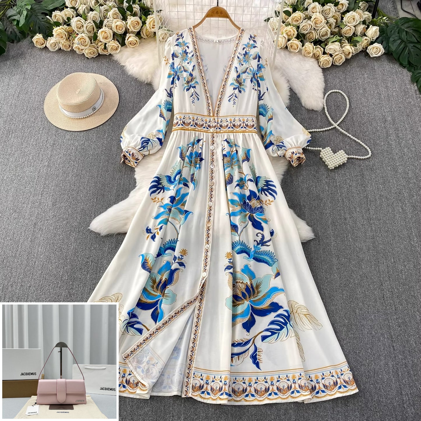 Deep V-neck Cardigan Long Dress SA756