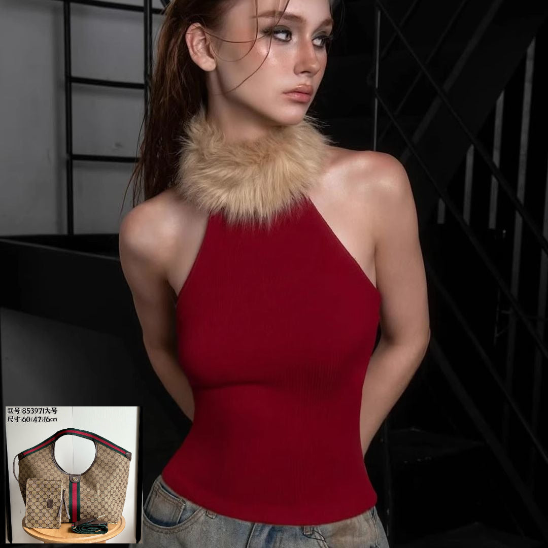 Red Fur Collar Patchwork Sleeveless Vest SAB224