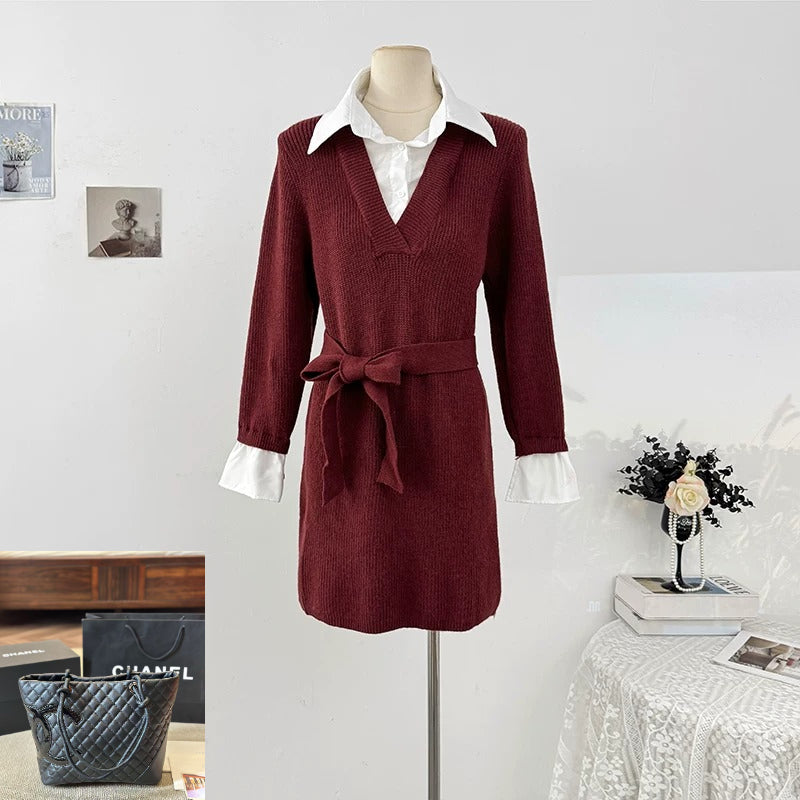 Collared Long-sleeve Knit Dress  SAB122