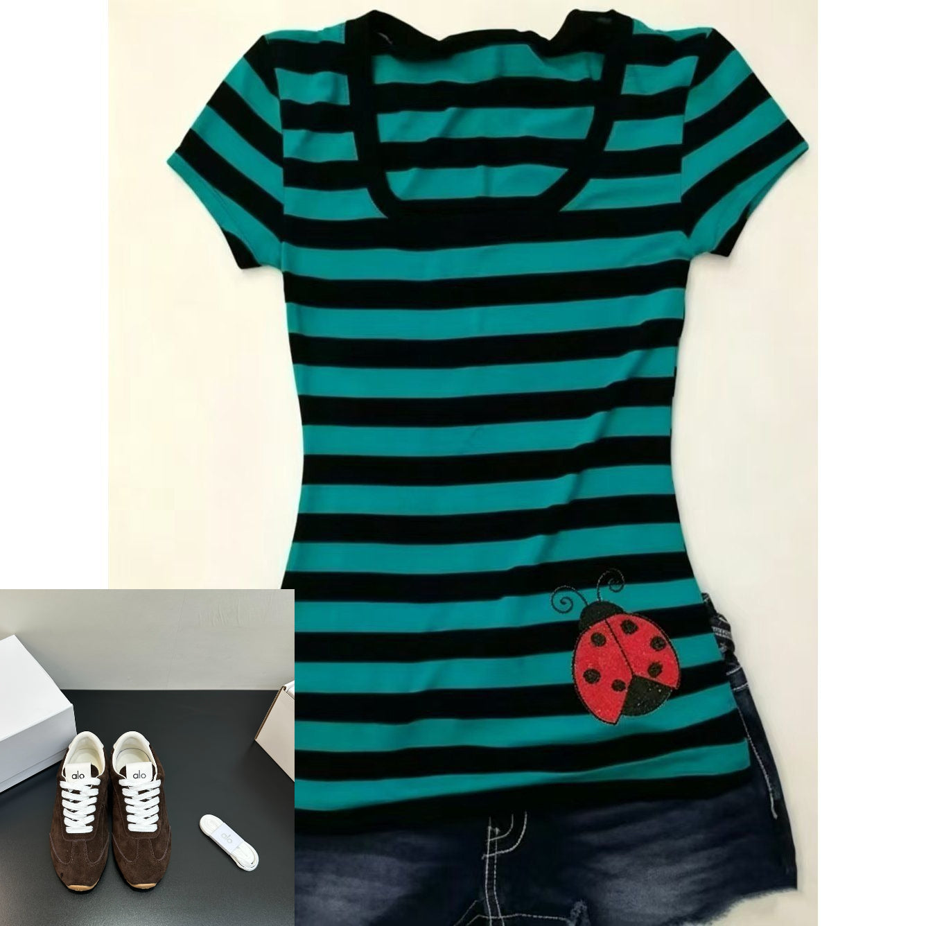 Green Black Stripe Short Sleeve T-shirt  SAB064