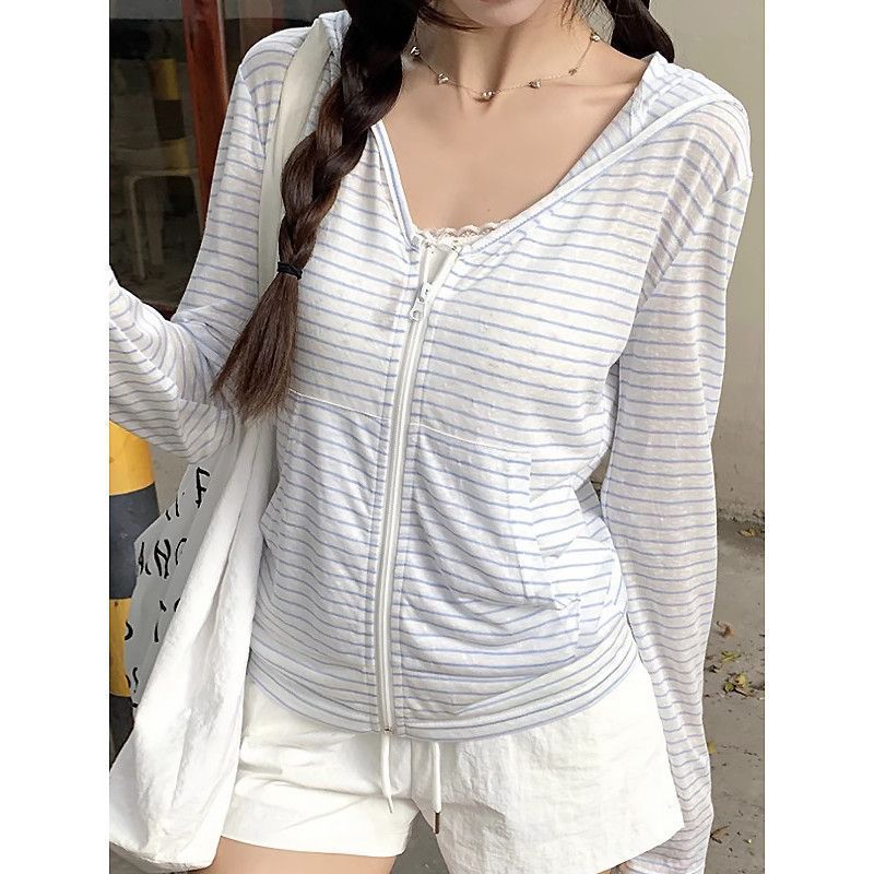 Hooded Striped Zip-up Long Sleeve T-shirt Top SA723
