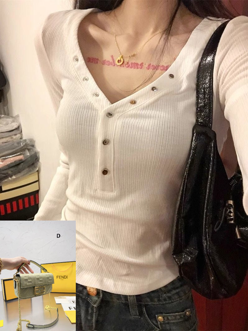 White V-neck Slim-fit Long Sleeve Top SA788