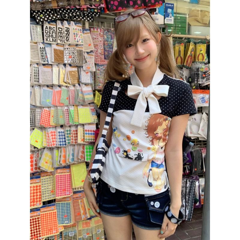 Polka Dot Print Patchwork Short-sleeved Top SAB042