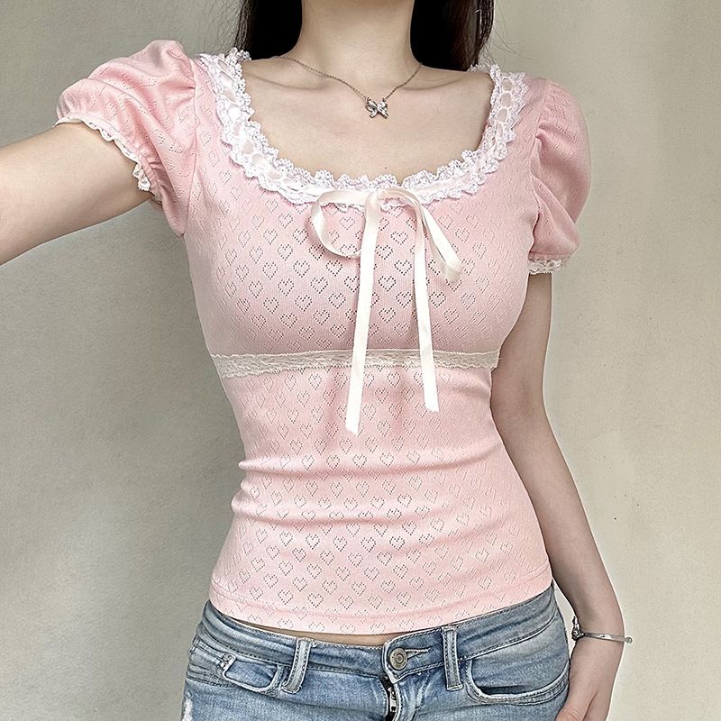 Bowknot Lace Cropped T-shirt US 64D144