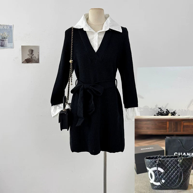 Collared Long-sleeve Knit Dress  SAB122