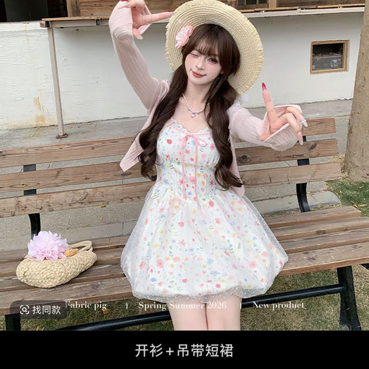 Floral Suspender Dress + Cardigan  US  64D171