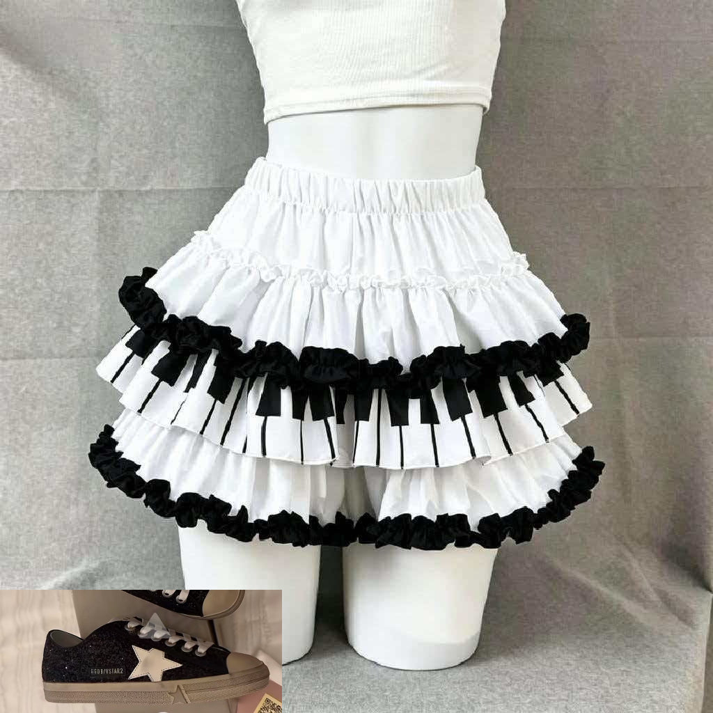 Black and White Piano Key Midi Skirt  SAB017