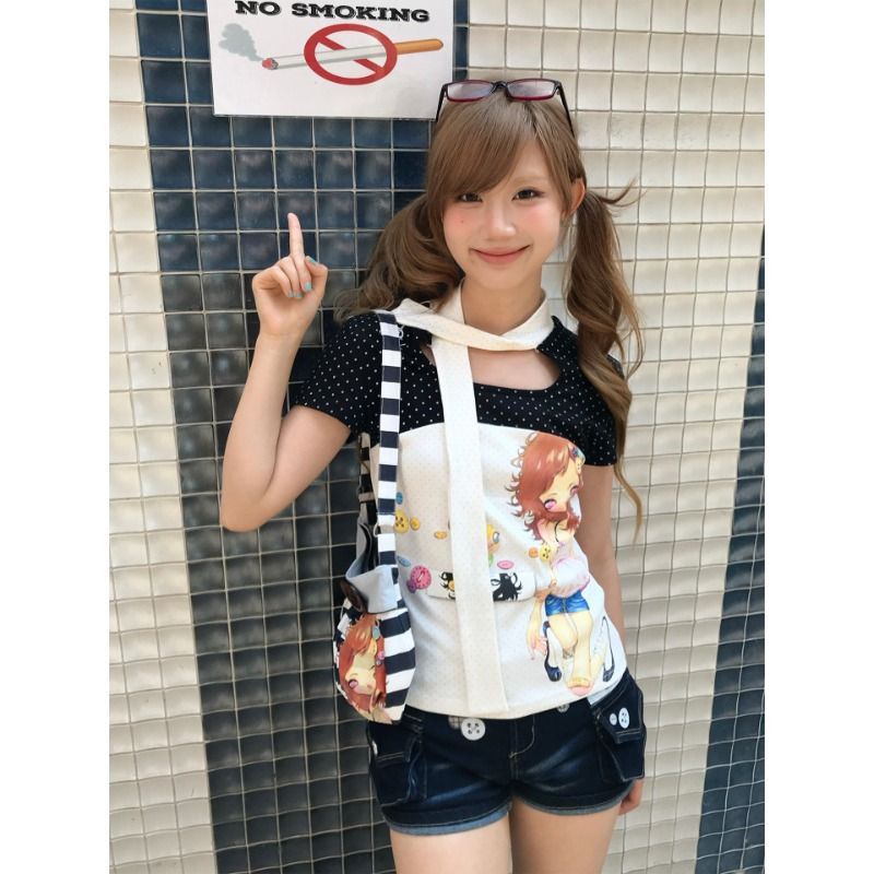 Polka Dot Print Patchwork Short-sleeved Top SAB042