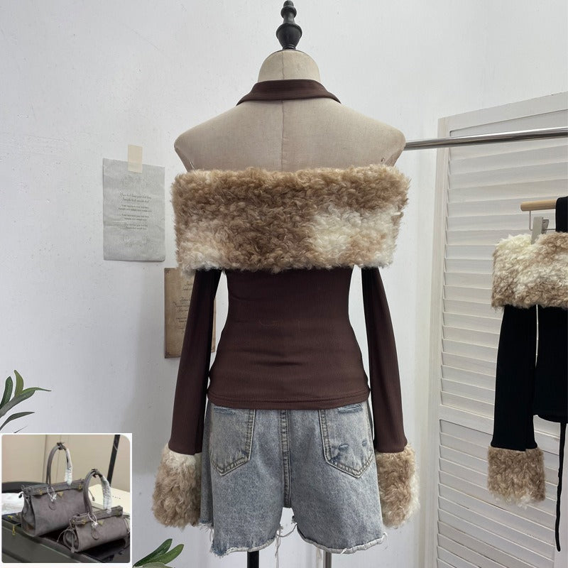 One-word Shoulder Long-sleeved Top Short Slim-fit T-shirt  SA468/SA469