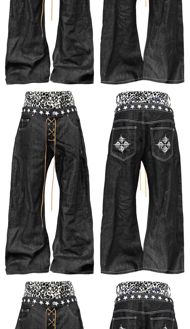 Leopard Splicing Double Waist Jeans SA653