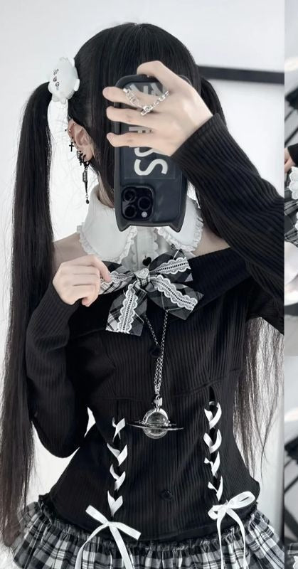 Off-the-shoulder Top + Plaid Skirt Suit  64H008 US