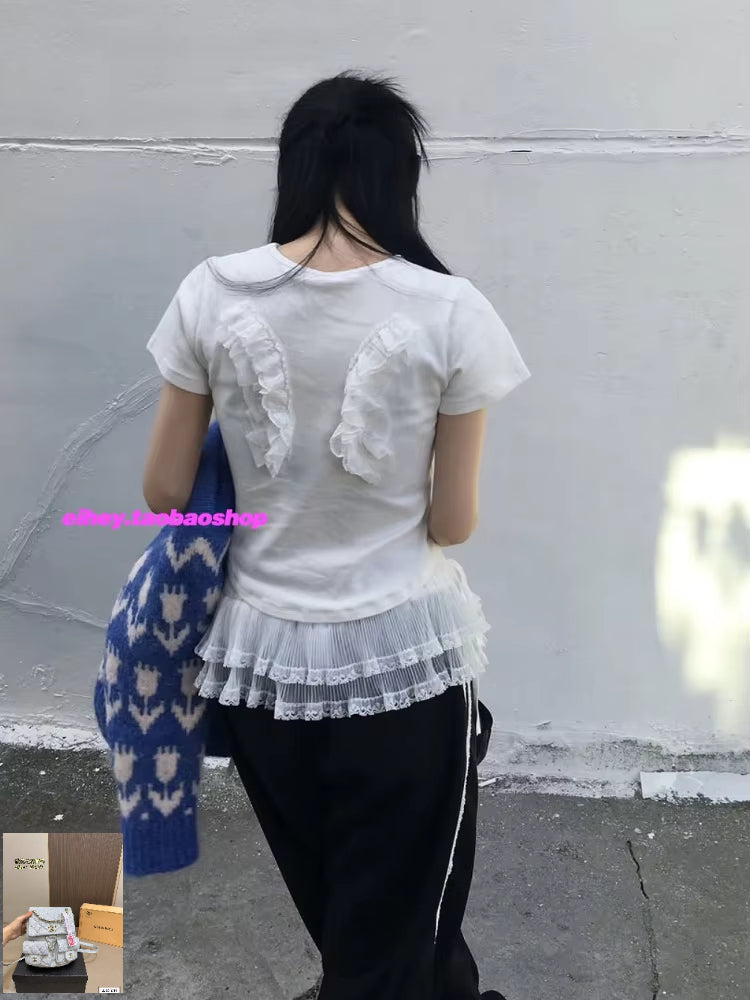 Lace Angel Wings Black White O-Neck T-shirts SA279