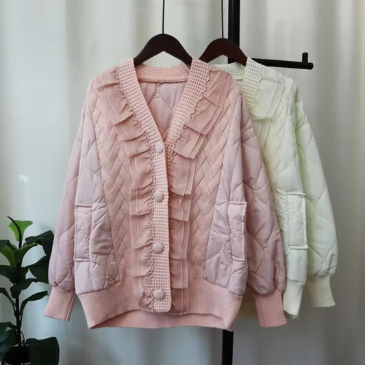 Patchwork Lace 2024 Woman Cardigan V-neck Long Sleeve Ropa Mujer Single Breasted Outerwears Autumn Winter Sweater Cardigans