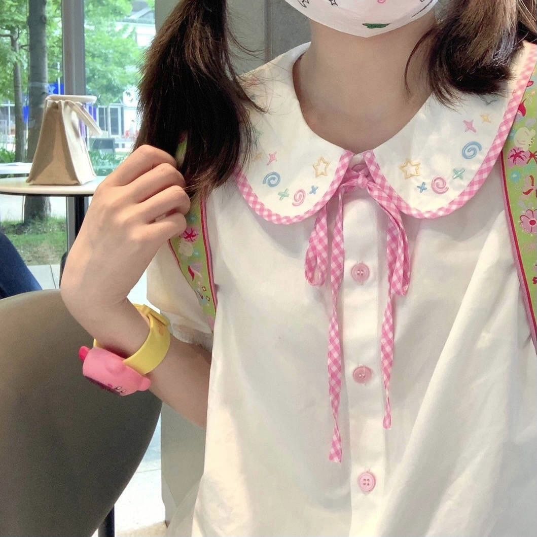 Doll Collar Embroidered Short-sleeved Shirt  US 64D199