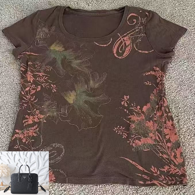 Brown Floral Short-sleeved T-shirt SAB062