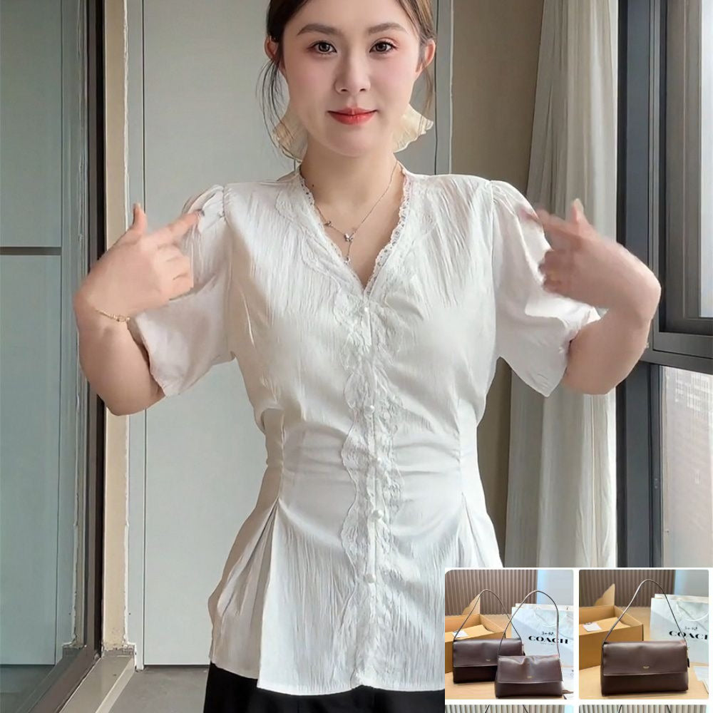 V-neck Short Sleeve Black Blouse SAB123/SAB124
