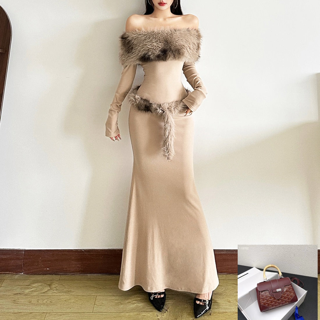 Slim Dress with A One-shoulder Patchwork Fur Collar SA532