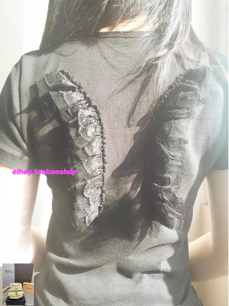 Lace Angel Wings Black White O-Neck T-shirts SA279
