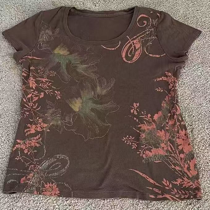 Brown Floral Short-sleeved T-shirt SAB062