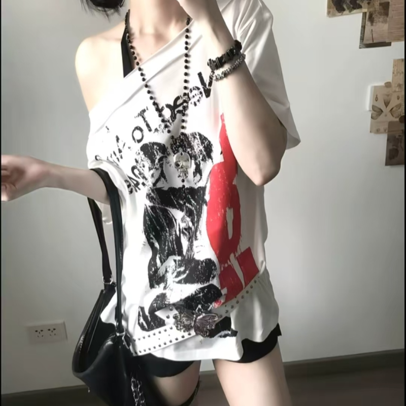 Backless Printed Short-sleeve T-shirt SAB043