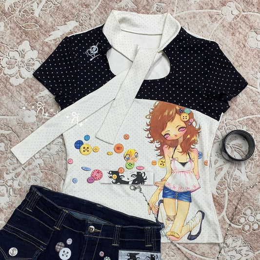 Polka Dot Print Patchwork Short-sleeved Top SAB042