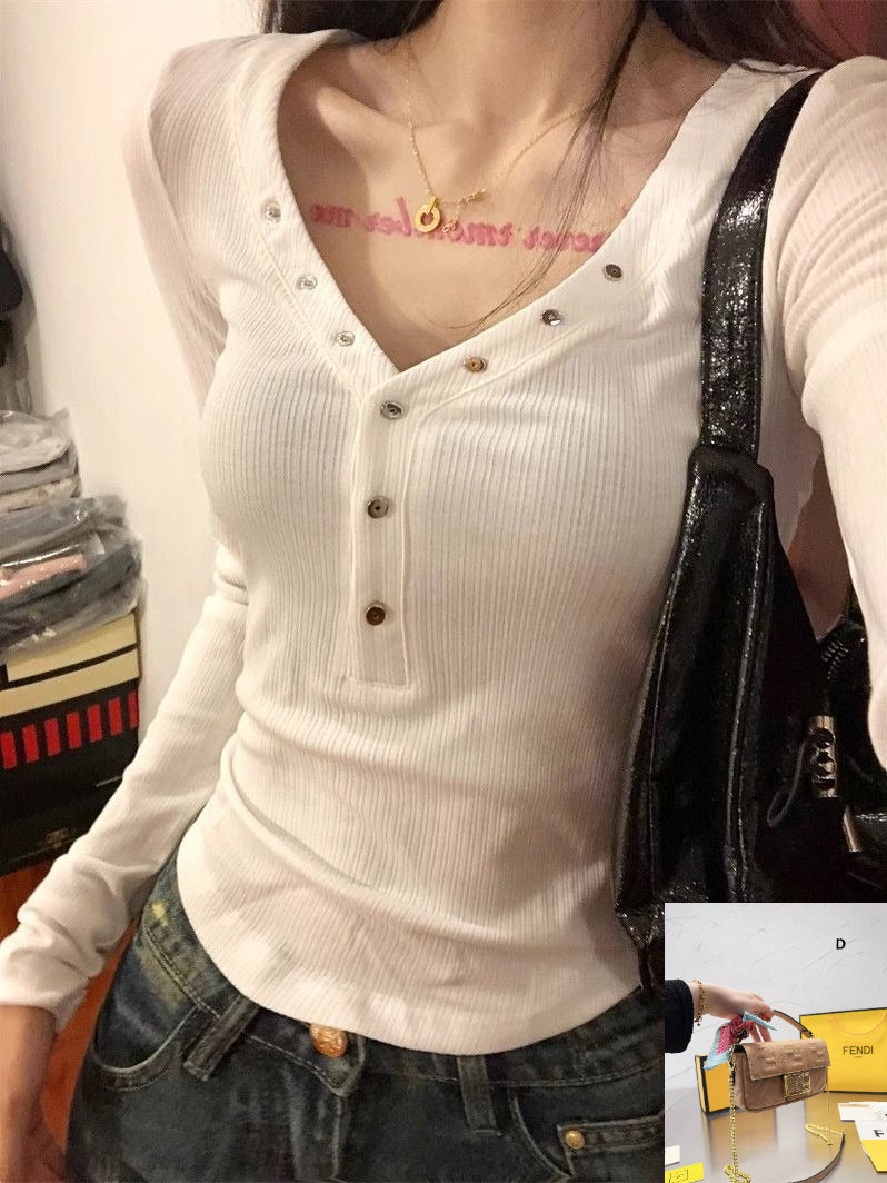 White V-neck Slim-fit Long Sleeve Top SA788