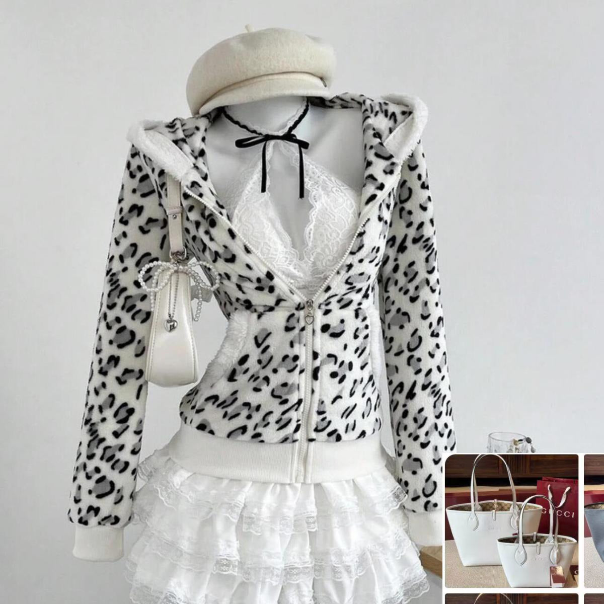 Leopard Print Hooded Cardigan Sweater Jacket SA645-SA646
