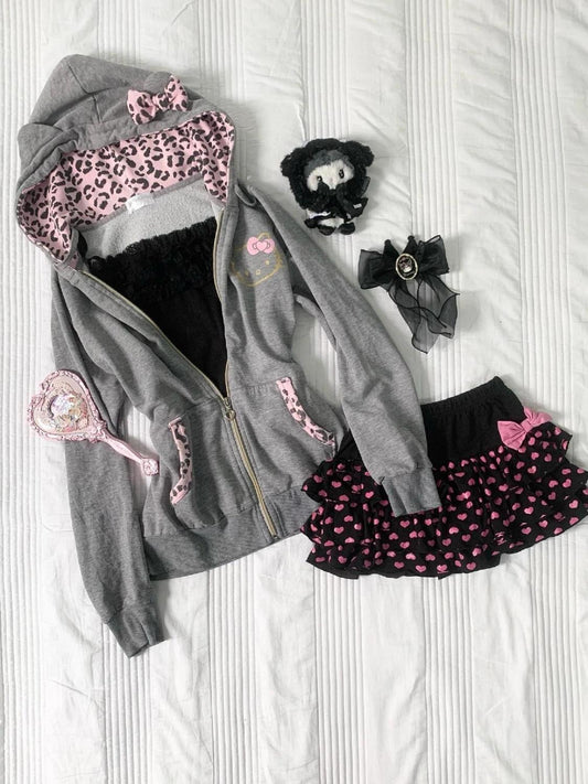 Gray Pink Leopard Print Patchwork Sweatshirt  SAB046
