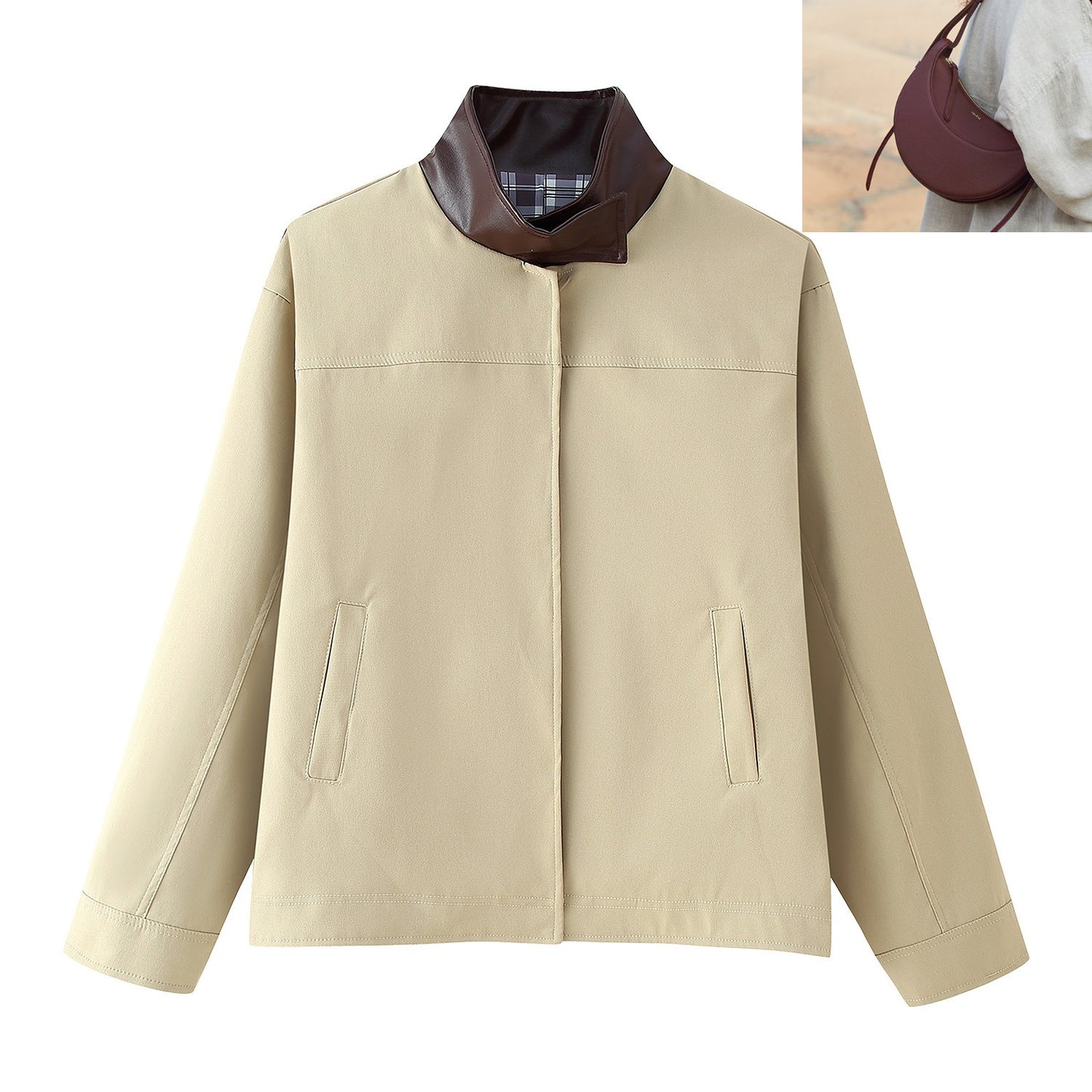 Color Matching Plaid Splicing Jacket Trench Coat  SA424