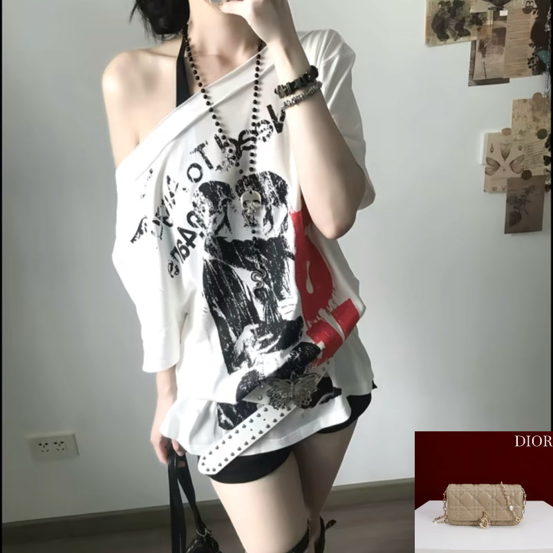 Backless Printed Short-sleeve T-shirt SAB043