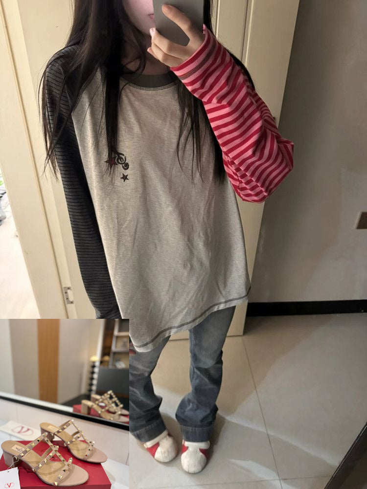 Spliced long-sleeved Embroidered T-shirt SAB191