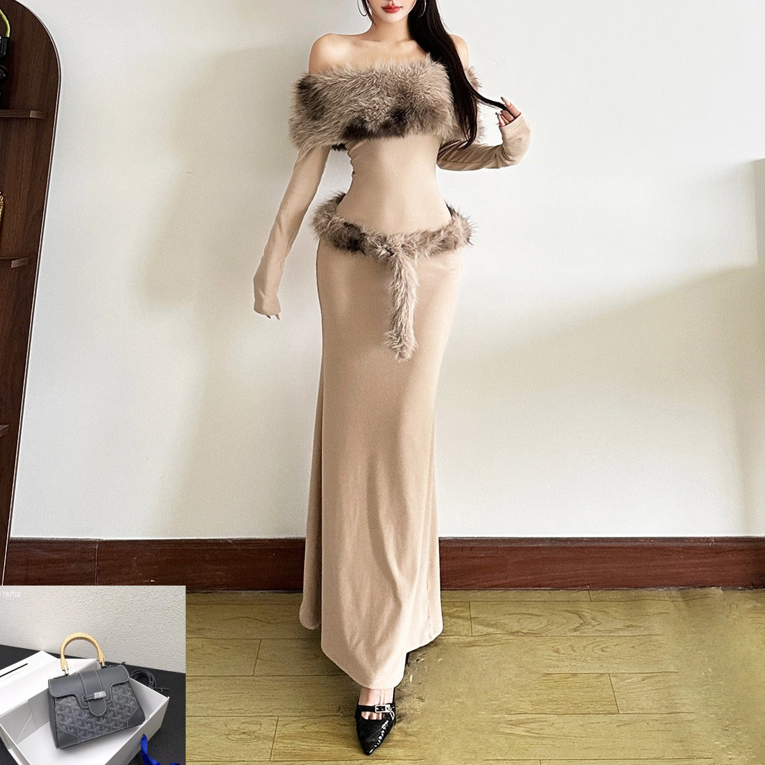 Slim Dress with A One-shoulder Patchwork Fur Collar SA532