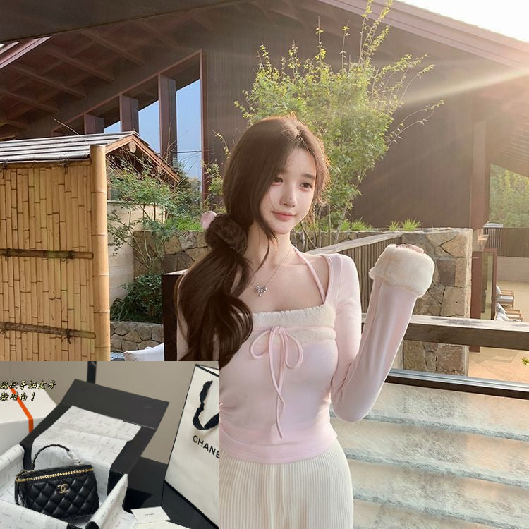 Fuzzy Patchwork Square Neck Long Sleeve T-shirt SAB229