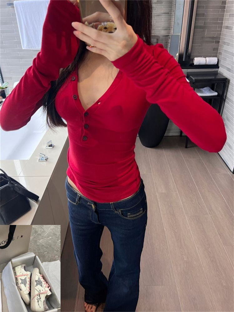American Hot Girl V-neck Long Sleeve Tee SAB111