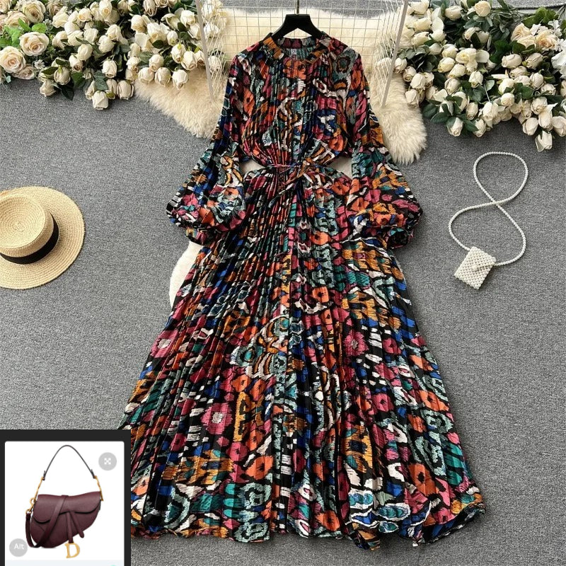Elegant Vintage Print Pleated Dress SA122