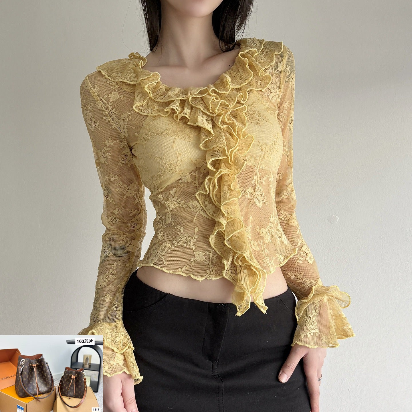 Lotus Leaf Neck See-Through Lace Shirt SA429