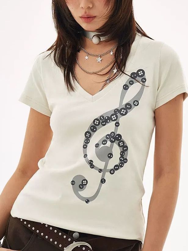 Musical Note Print V-neck Short-sleeved T SA890