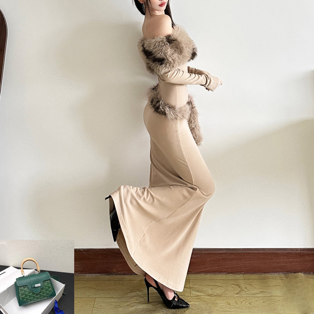 Slim Dress with A One-shoulder Patchwork Fur Collar SA532