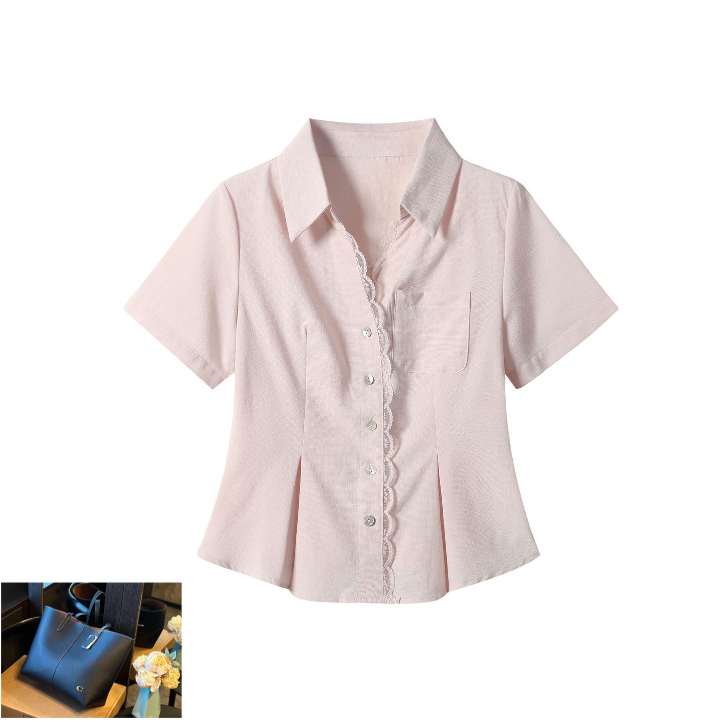 Pink Shoulder Lace Short Sleeve Shirt Women SA374