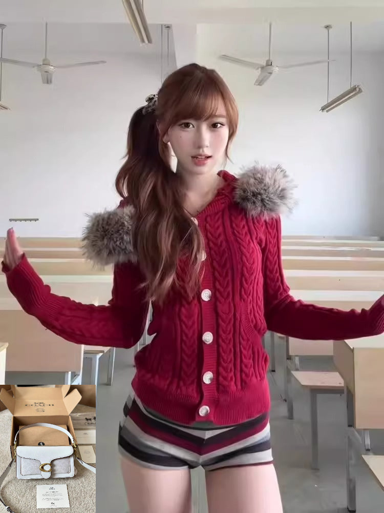Red Fur-neck Hooded Knitted Cardigan SA630