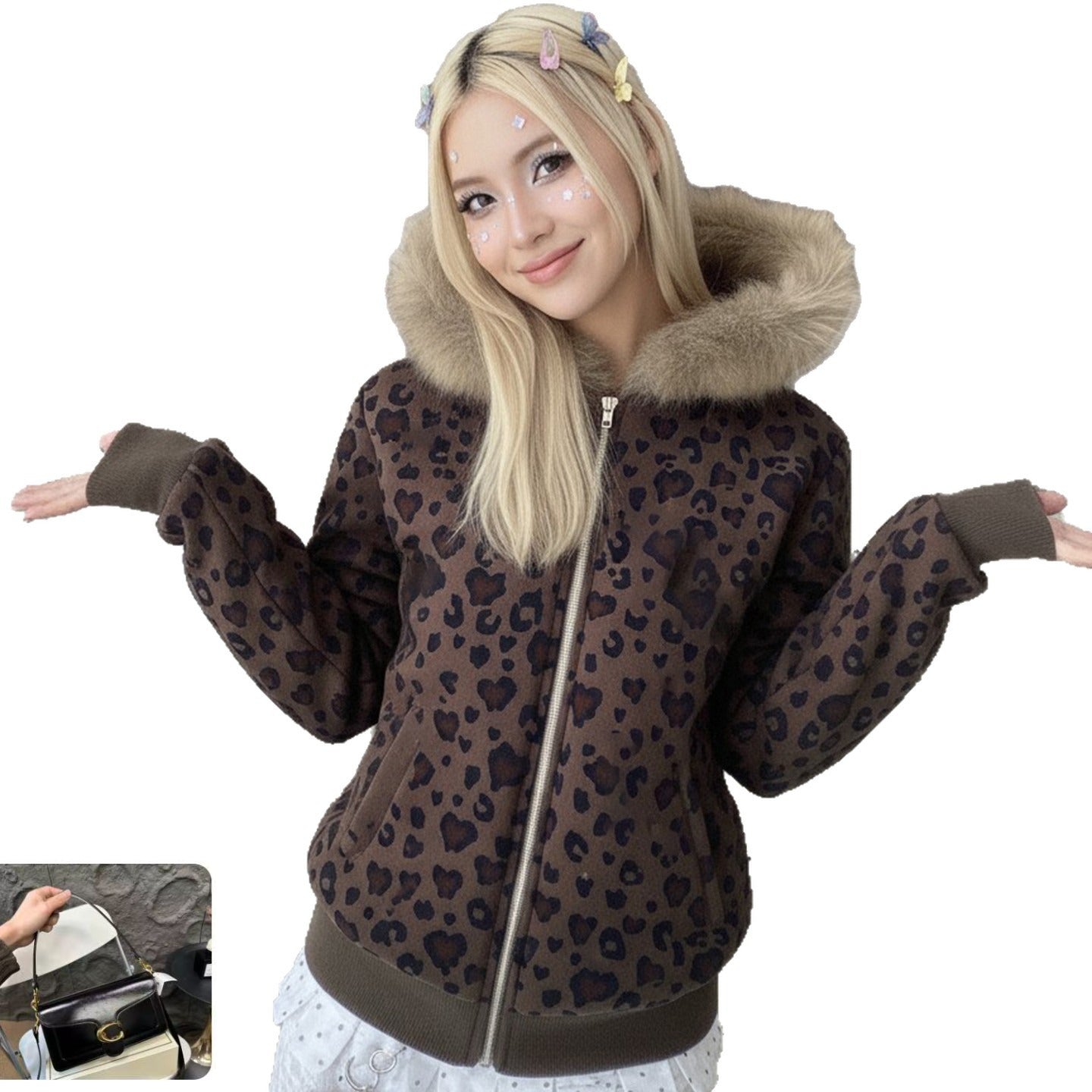 Leopard Print Fur Collar Zipper Sweater Women SA460