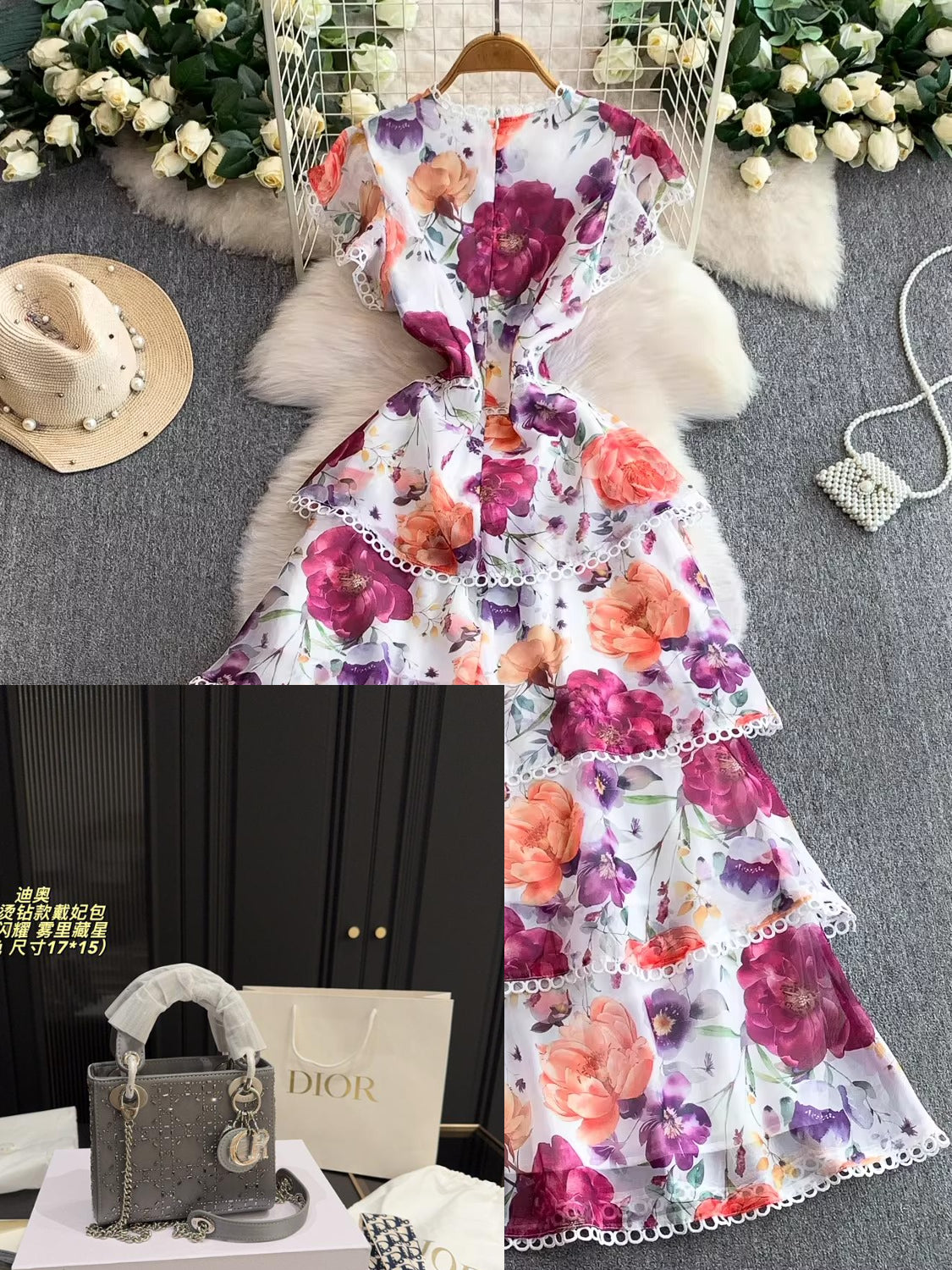 Lace-trimmed, Printed, Round-neck Dress SA758