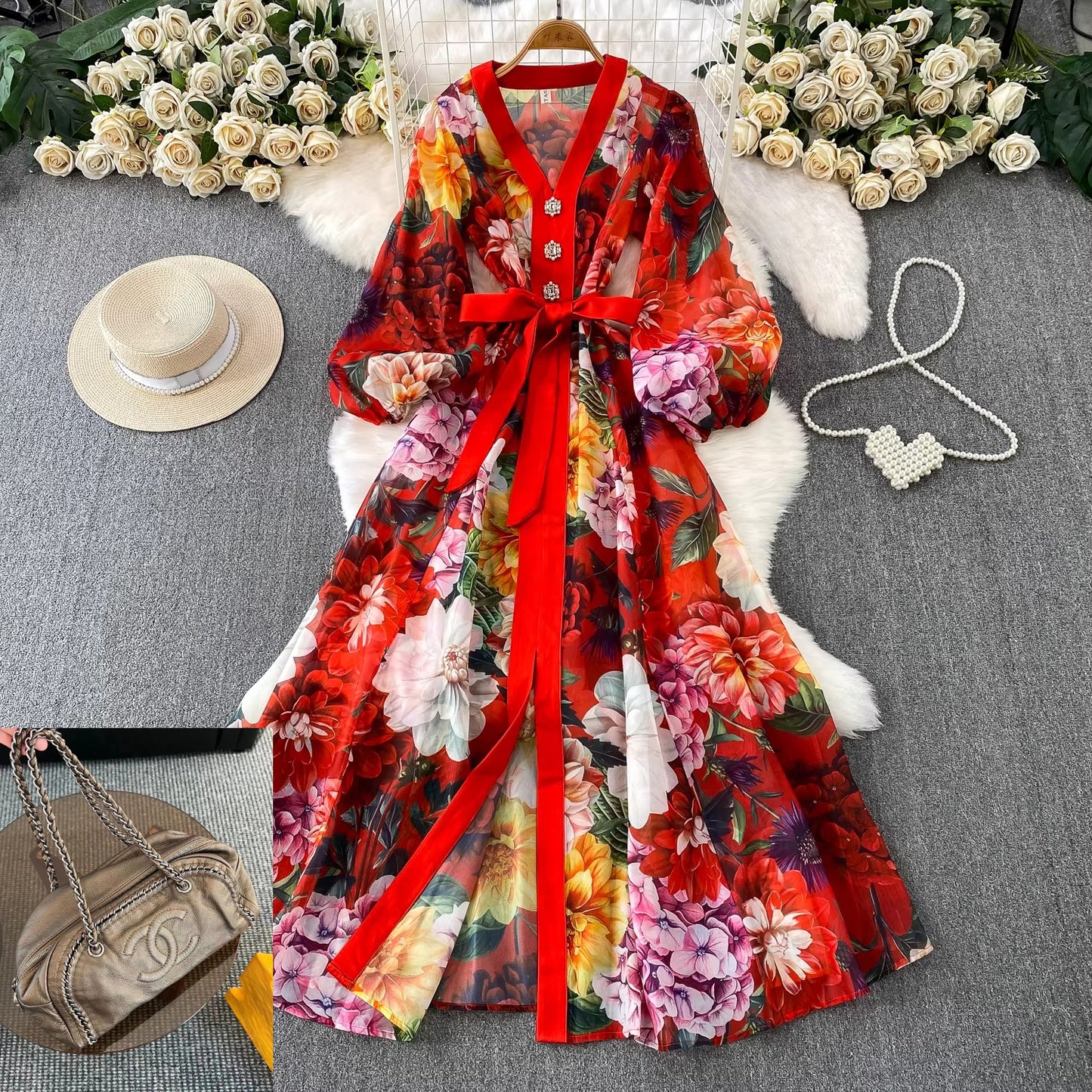 V-neck Lantern Sleeve Dress SA777