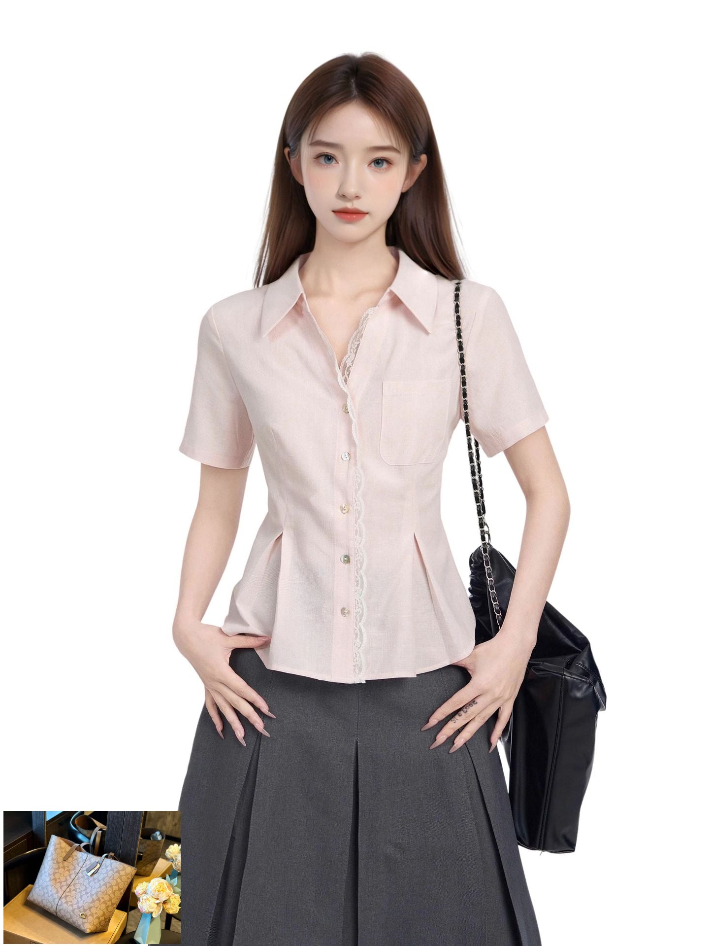 Pink Shoulder Lace Short Sleeve Shirt Women SA374