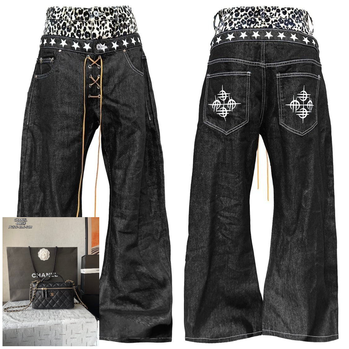 Leopard Splicing Double Waist Jeans SA653