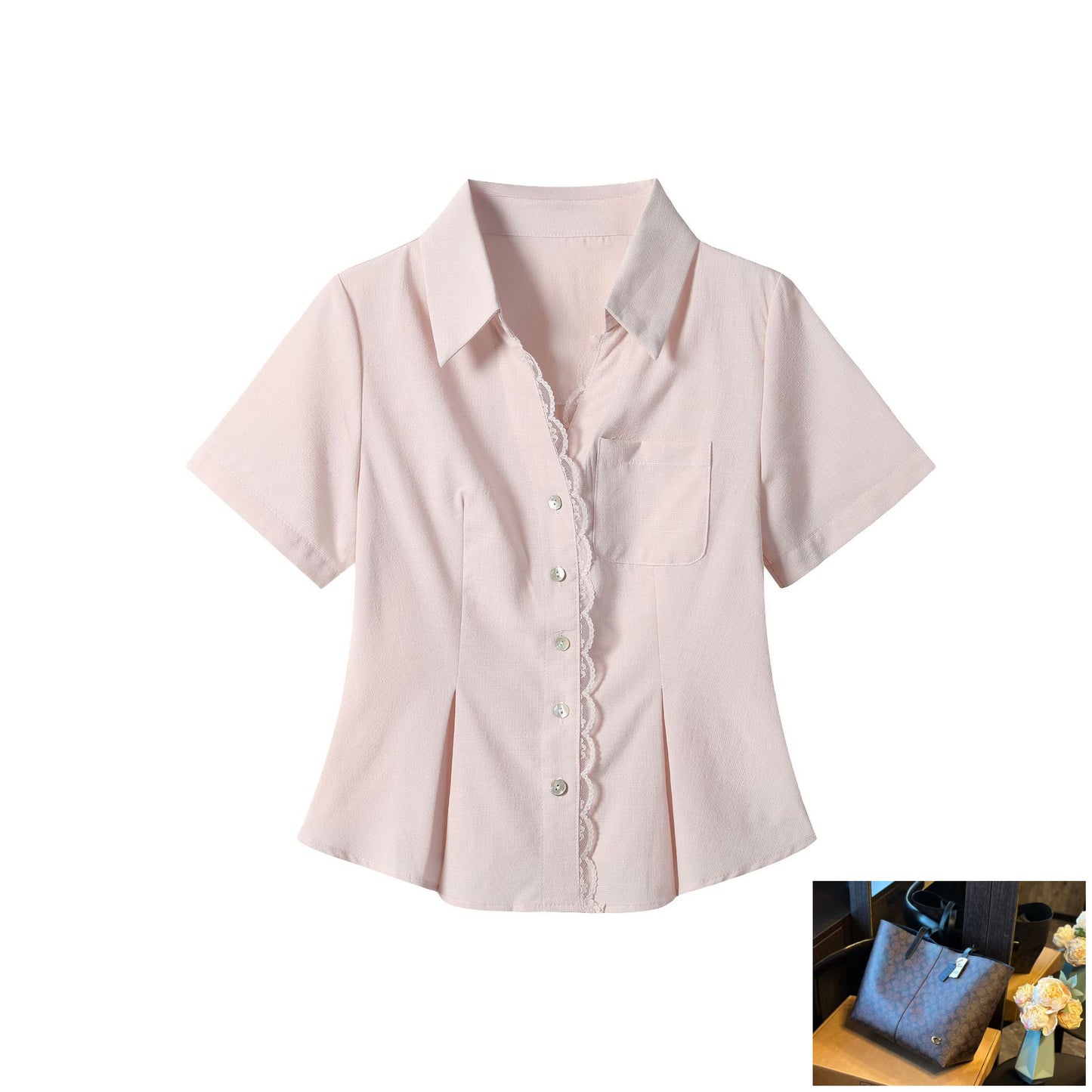 Pink Shoulder Lace Short Sleeve Shirt Women SA374
