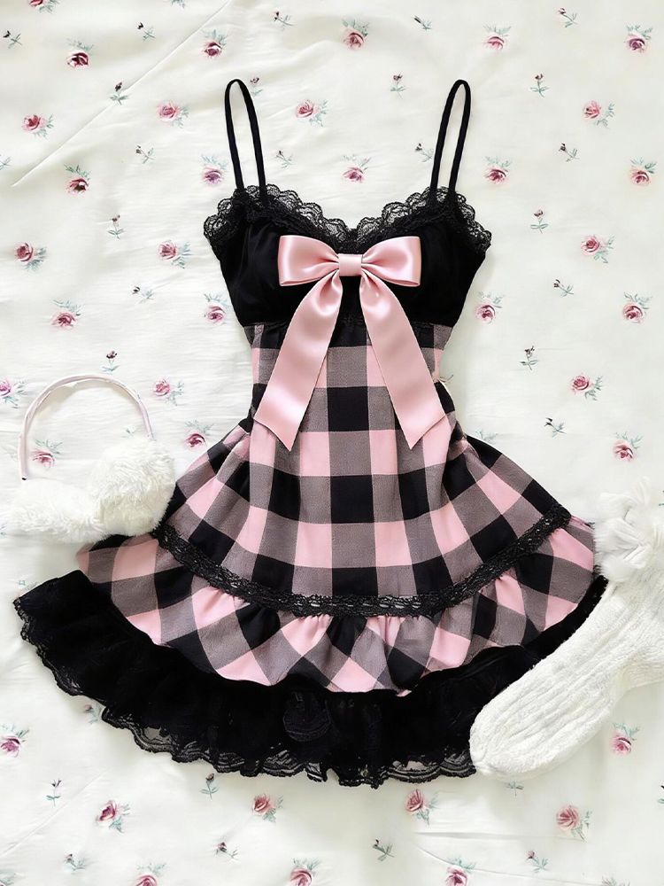 Black and Pink Plaid Bow Sleeveless Dress US 64D108