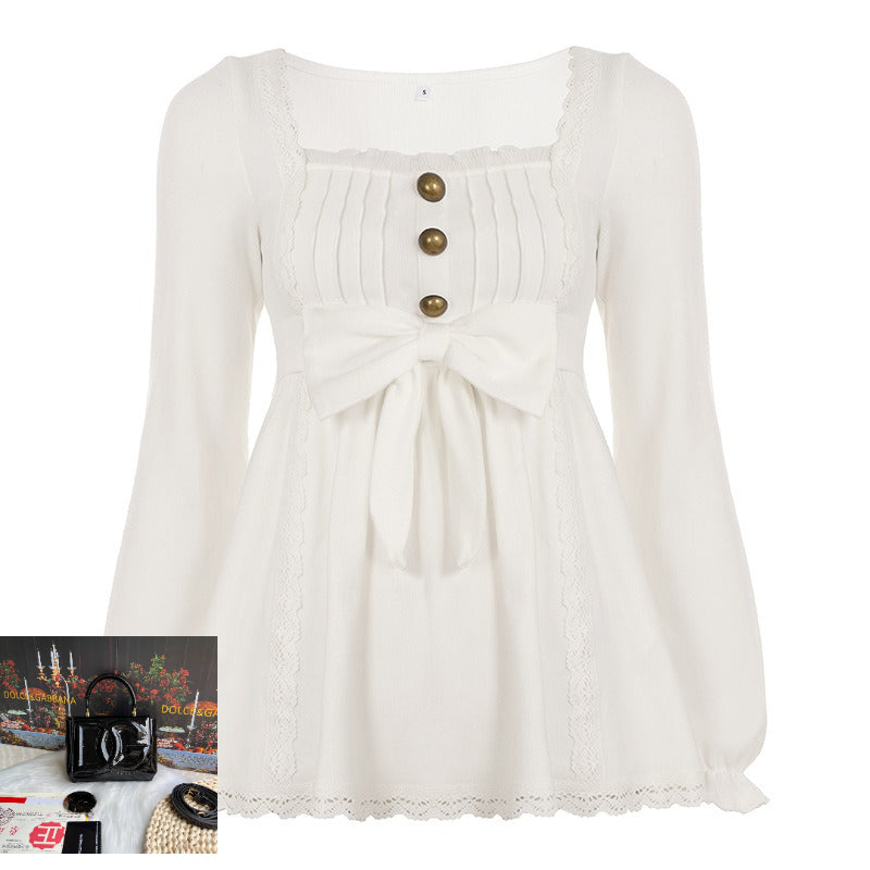 Lace Bow Button Embellished Long Sleeve T-Shirt SA641
