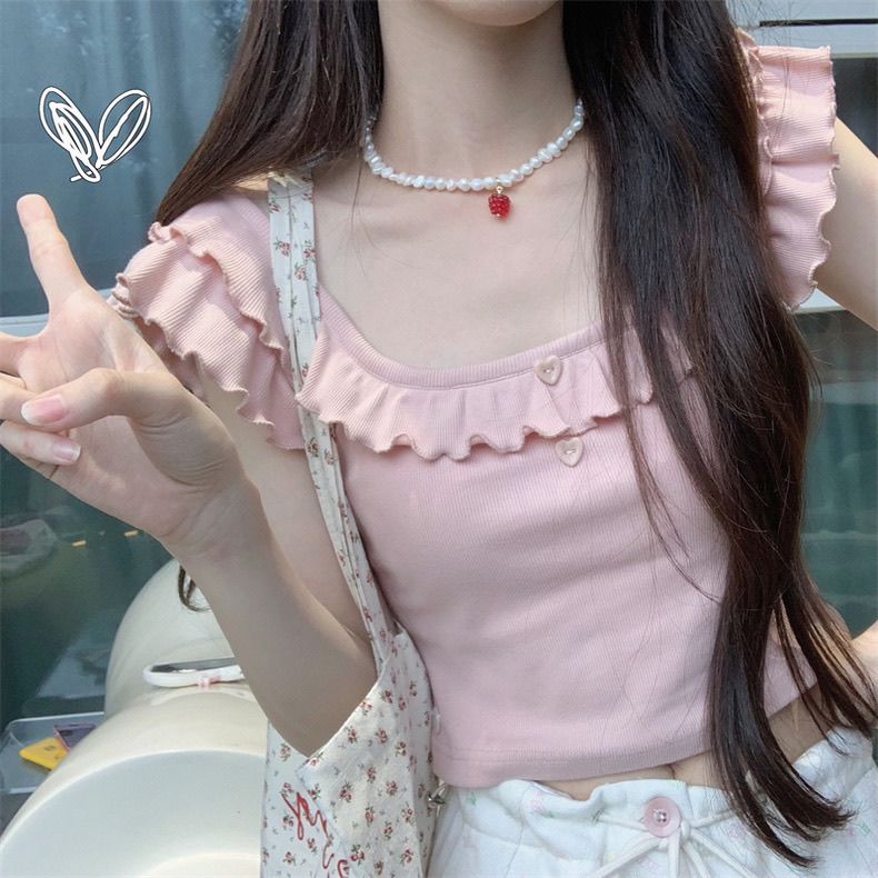 Pink Knitted Top with Flutter Sleeves  64D143 us