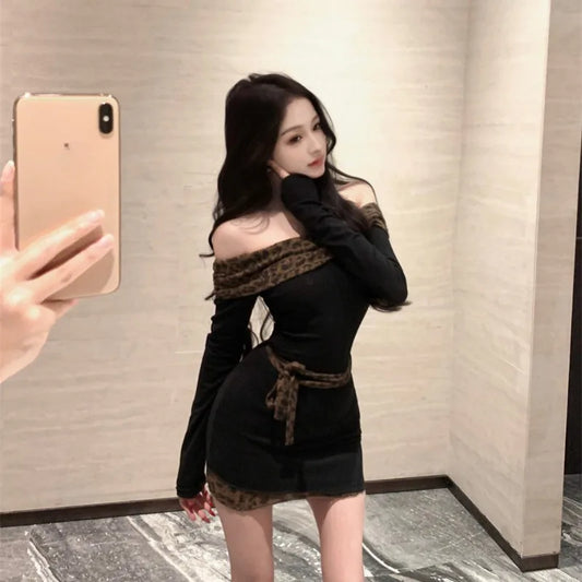 Slash Neck Splicd Leopard Harajuku Vintage Dress SA161